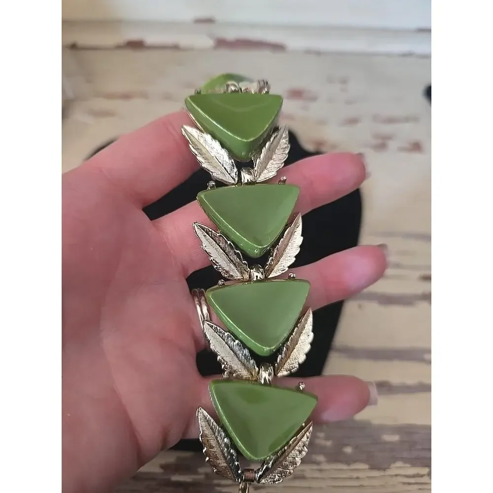 Vtg Silver Tone Leaf Green Triangle Cabochon Statement‎ Fashion Jewelry Bracelet